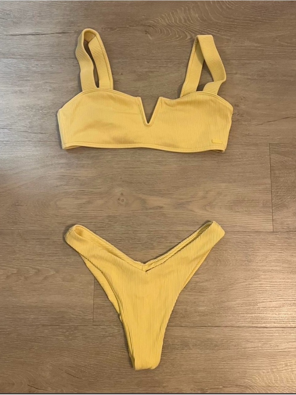 Ribbed V-Notch Yellow Bikini Set - Women Swim